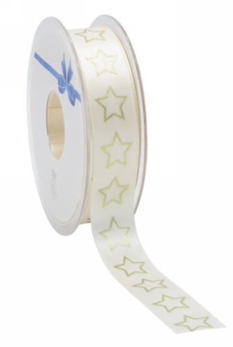 Kerstlint Satijn Lint Christmas Stars Creme Goud 23mm X 25meter