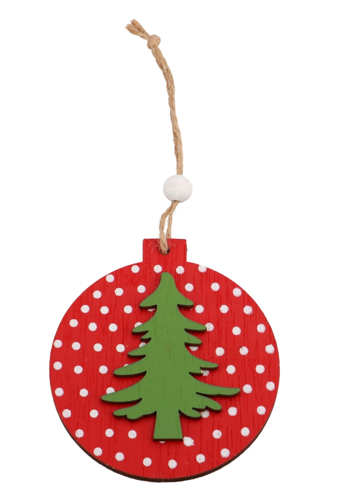 Decoratie Hanger Houten Kerstbal Rood Wit Boom Koord 7 2cm 3stuks