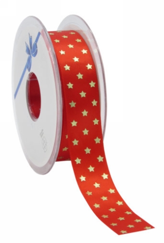 Kerstlint Satijn Lint Twinkling Stars Rood & Goud 23mm x 25meter