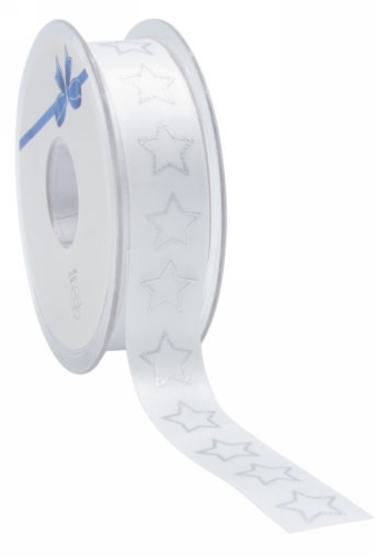 Kerstlint Satijn Lint Christmas Stars Wit & Zilver 23mm x 25meter