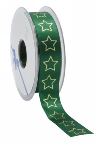 Kerstlint Satijn Lint Christmas Stars Groen & Goud 23mm x 25meter