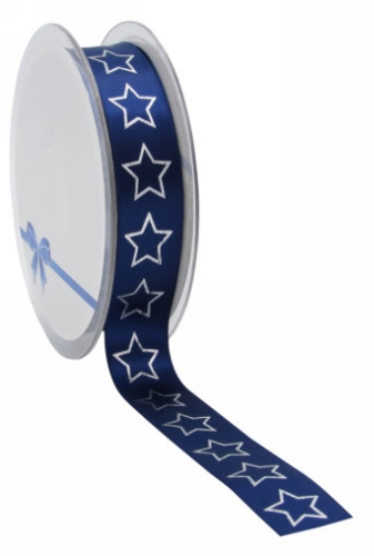Kesrtlint Satijn Lint Christmas Stars Blauw & Zilver 23mm x 25meter