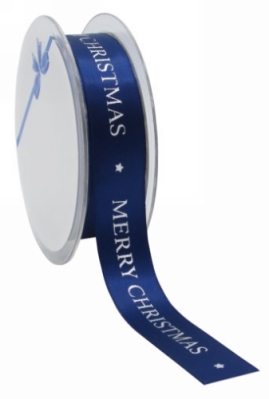 Kerstlint Satijn Lint Merry Christmas Blauw & Zilver 23mm x 25meter