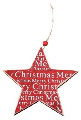 Decoratie Hanger Houten Red Star Christmas Koord 13cm 1stuks OP IS OP 