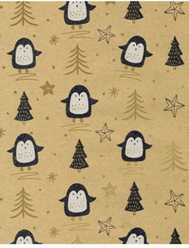 Kraftpapier Bruin recycled happy pinguin black & gold 50cm x 200meter