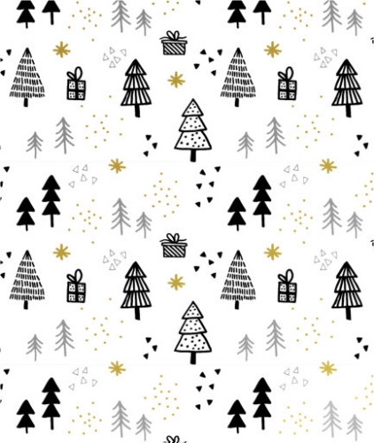 Kerstpapier Metallic pines & presents black & gold 50cm x 200meter