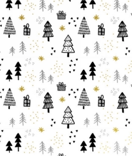 Kerstpapier Metallic pines & presents black & gold 70cm x 200meter