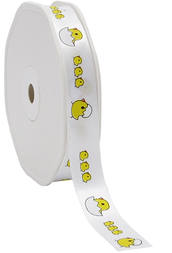 Kadolint Pasen Satijn Lint Wit Met Gele Kuikentjes 15mm x 25meter