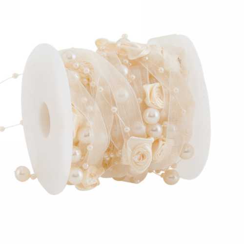 Organza Lint Balletjes & Roosjes Champagne 10mm x 5meter