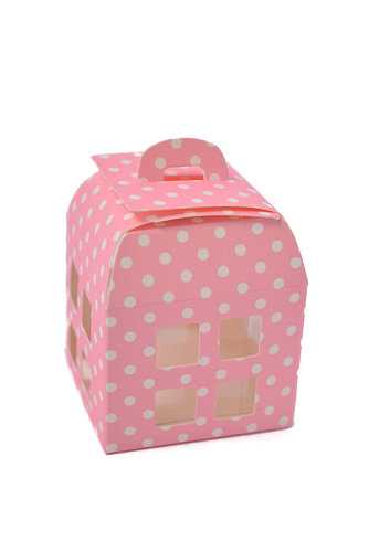 Geschenkdoos Huisje Rosa Met Stippen & Hanger 5.5x5.5x5.5cm 10stuks