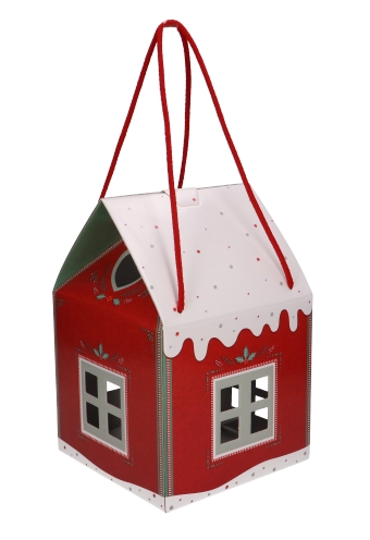 Geschenkdoos Huisje Kerst Rood & Koord 20x20x18cm 30stuks