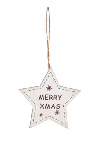 Decoratie Hanger Houten Merry Xmas Ster & Koord 8.5cm 1stuks OP IS OP 