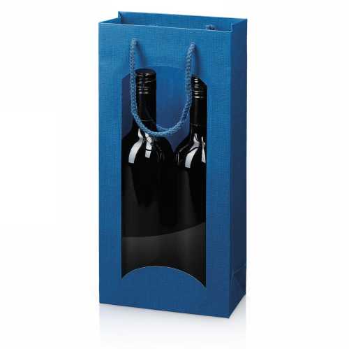 Wijntasje Venster Linnentextuur Blauw 2 fles 17x8.5x36cm.20stuks