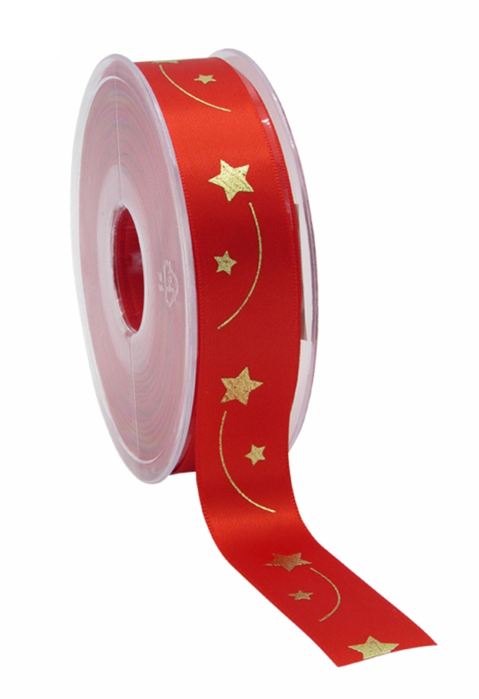 Kerstlint Satijn Lint Christmas Stars Rain Rood Goud 23mm x 25meter