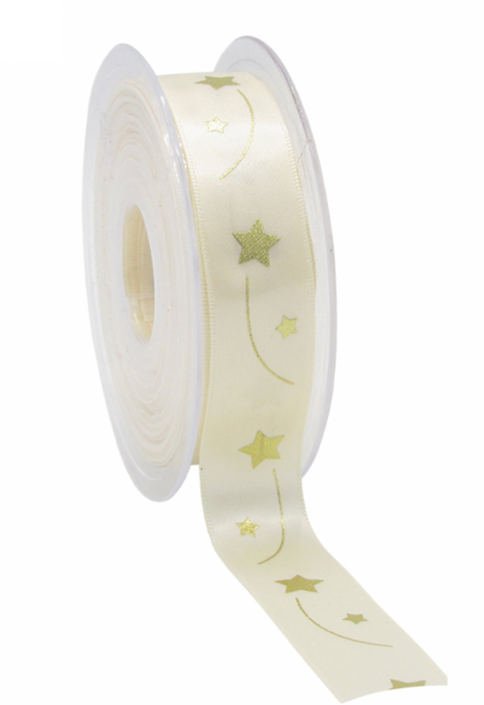 Kerstlint Satijn Lint Christmas Sterren Creme & Goud 23mm x 25meter