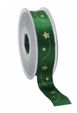 Kerstlint Satijn Lint Christmas Sterren Groen & Goud 23mm x 25meter