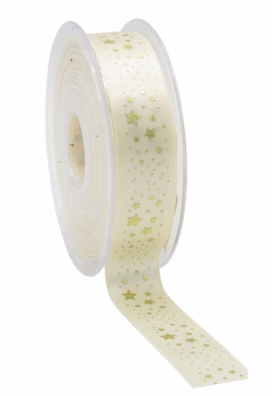 Kerstlint Satijn Lint Christmas Stars Rain Creme Goud 23mm x 25meter