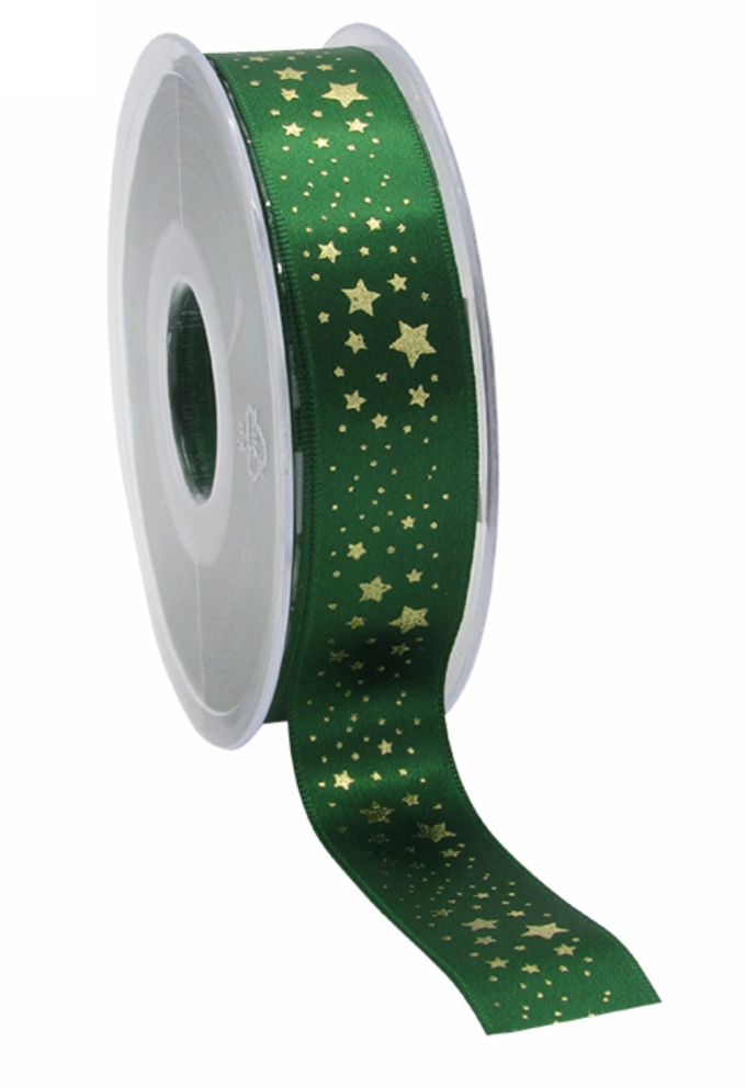 Kerstlint Satijn Lint Christmas Stars Rain Groen Goud 23mm x 25meter