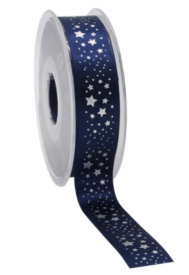 Kerstlint Satijn Lint Christmas Stars Rain Blauw Zilver 23mm x 25meter