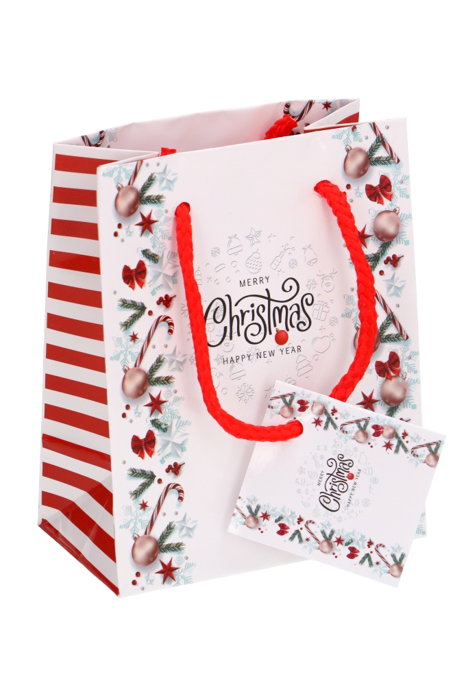 Kersttasjes Merry Christmas Happy New Year 11x6.5x14.5cm 12stuks