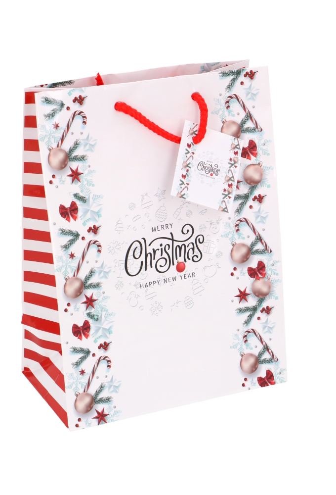 Kersttasjes Medium Merry Christmas Happy New Year 18x10x23cm 12stuks