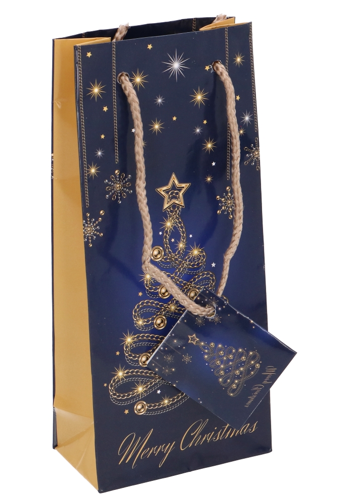 Kersttasjes Flesje Piccolo Christmas Blue Tree Goud 8.5x5.5x22cm 12st