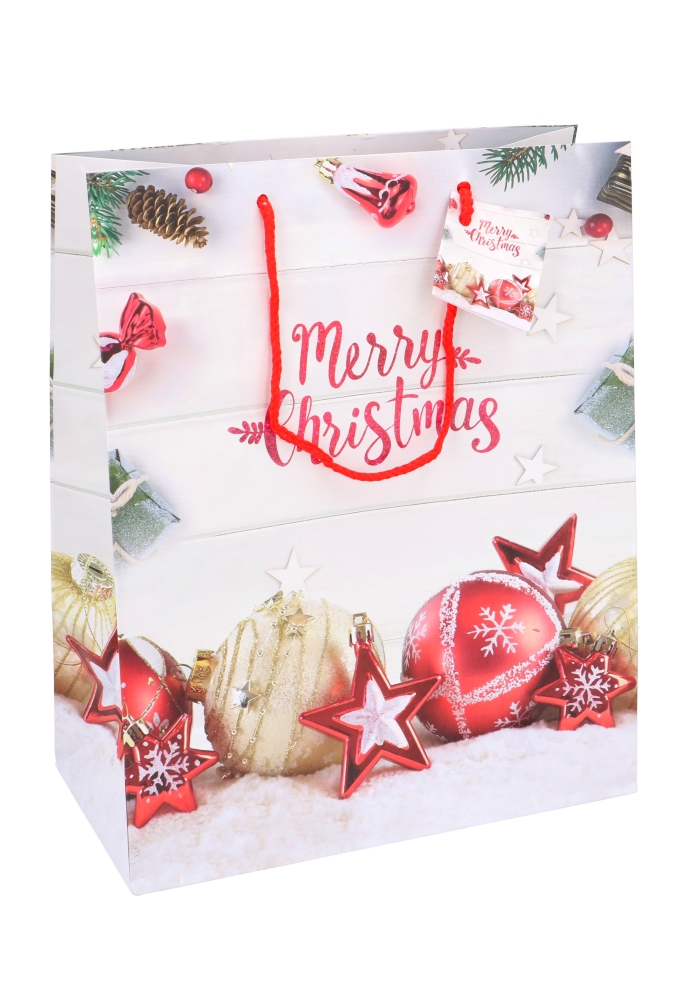 Kersttasjes Groot Merry Christmas Bal & Ster 26.5x13.5x32.5cm 12stuks