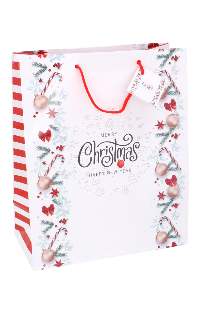 Kersttasjes Groot Merry Christmas Happy New Year 26.5x13.5x32.5cm 12st