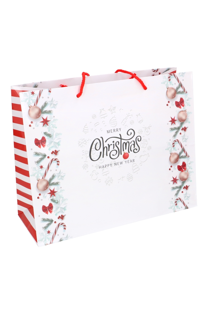 Kersttasjes Groot Laag Merry Christmas Happy New Year 32x12.5x27cm12st Kersttasjes Groot Laag Merry Christmas Happy New Year 32x12.5x27cm12st