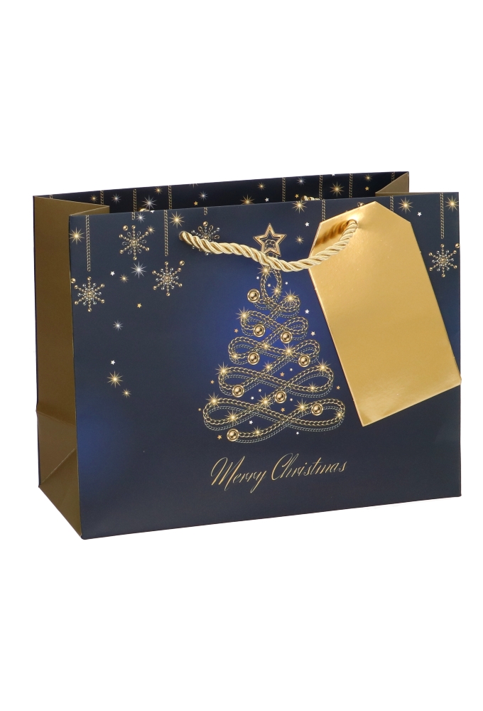 Kersttasjes Medium Christmas Blue Tree Gold 23x10x17.5cm 10stuks