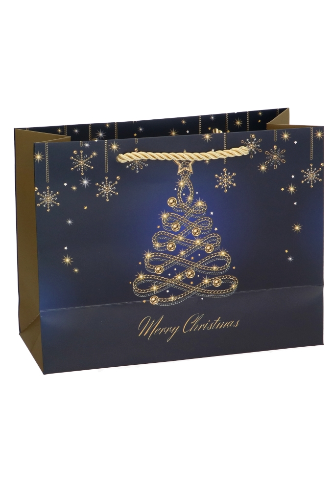 Kersttasjes Medium Christmas Blue Tree Gold 23x10x17.5cm 10stuks