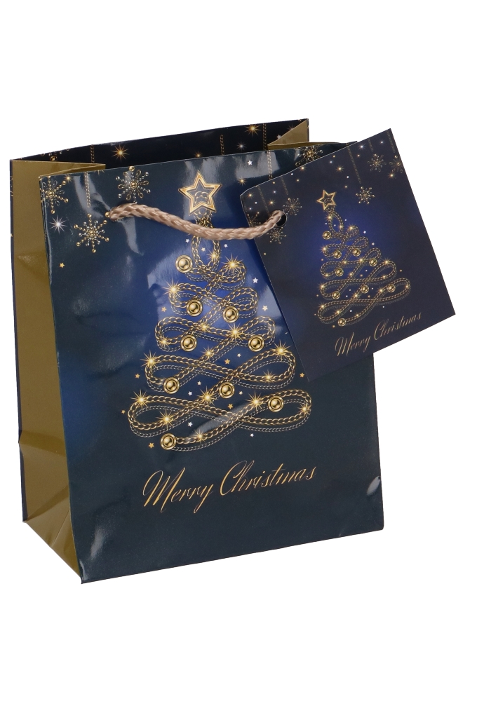 Kersttasjes Klein Christmas Blue Tree Gold 11x6.5x14.5cm 12stuks