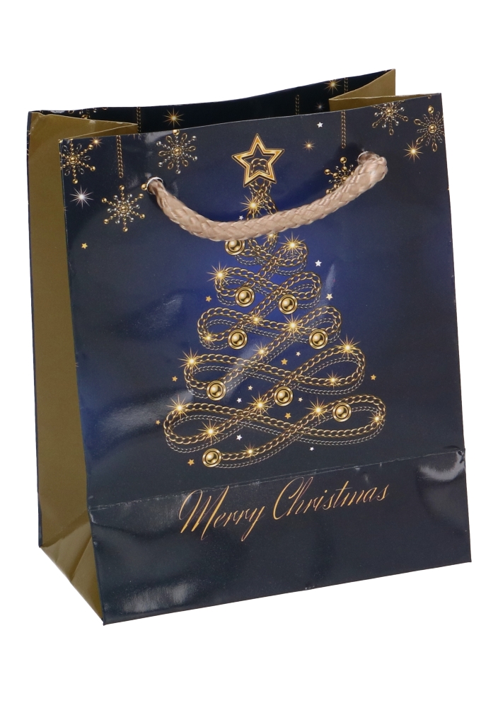 Kersttasjes Klein Christmas Blue Tree Gold 11x6.5x14.5cm 12stuks