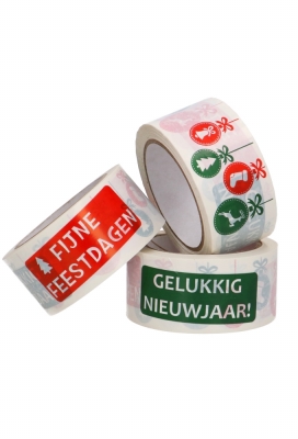 Bedrukt Tape Fijne Feestdagen Rood & Groen Tape 50mm x 66meter  1stuk