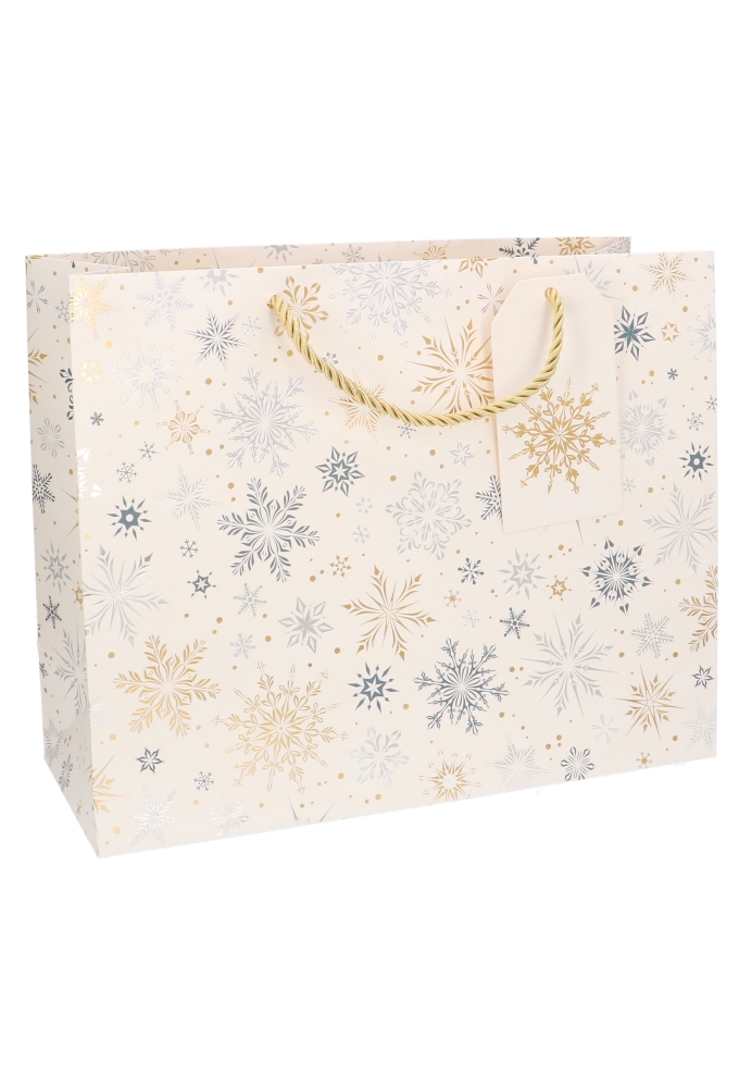 Kersttasjes Groot Laag Snow Flakes Gold 32x12.5x27cm 10stuks