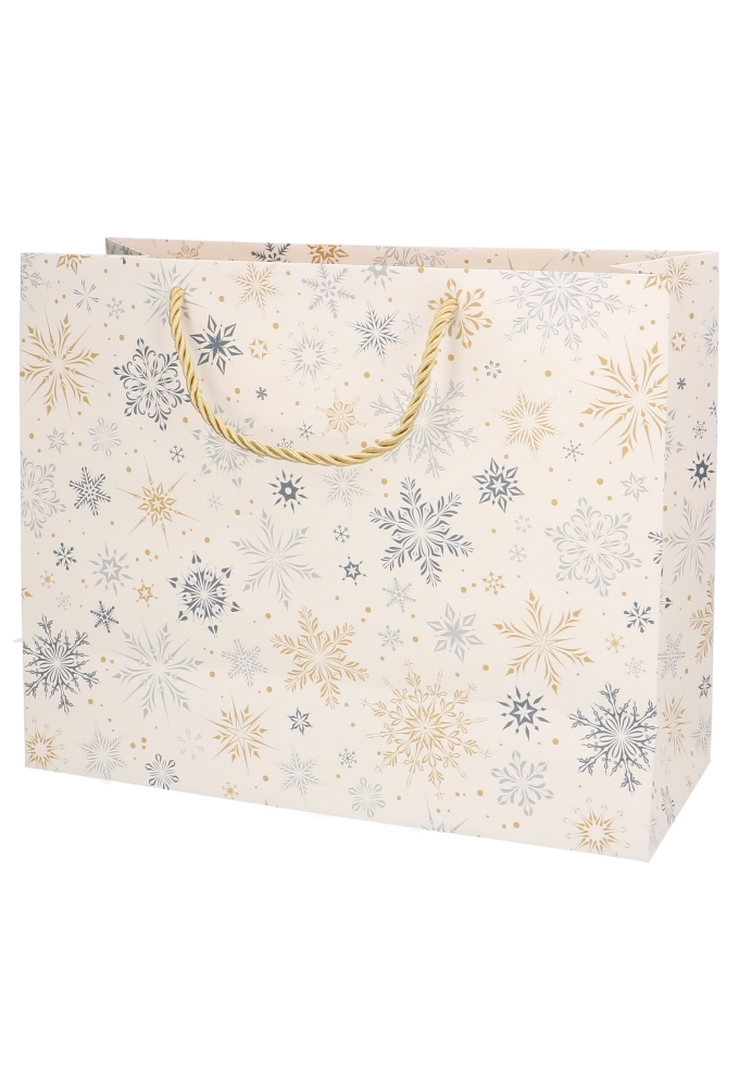 Kersttasjes Groot Laag Snow Flakes Gold 32x12.5x27cm 10stuks