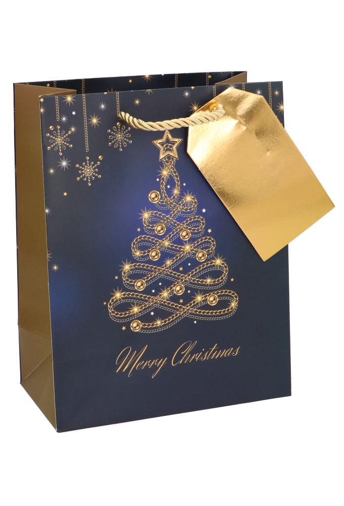 Luxe Kersttasjes Medium Christmas Blue Tree Gold 18x10x23cm 10stuks