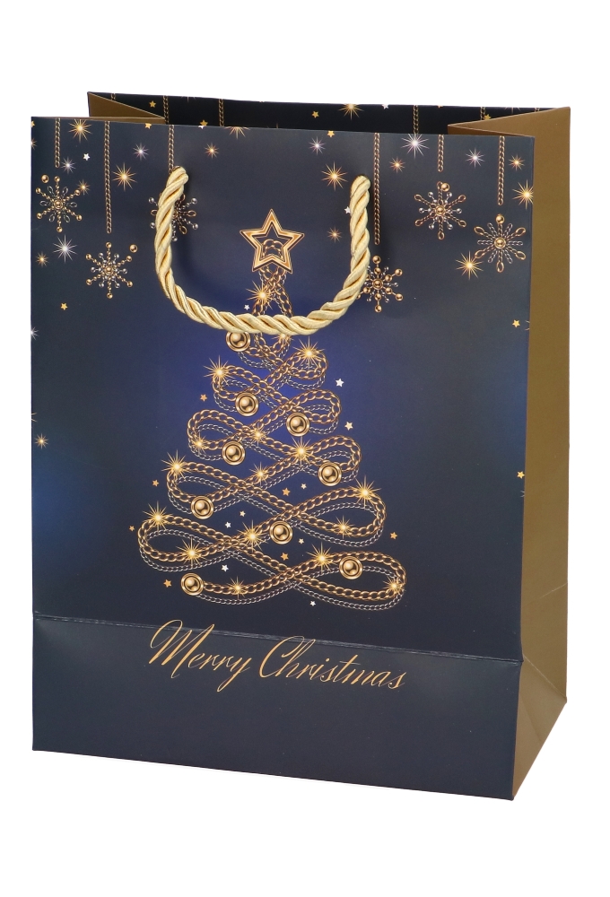 Luxe Kersttasjes Medium Christmas Blue Tree Gold 18x10x23cm 10stuks