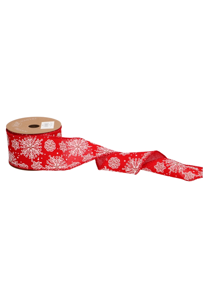 Luxe Kerstlint Snowflakes Rood Met IJzerdraad 63mm x 10meter