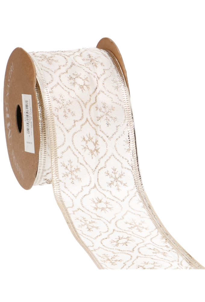 Luxe Kerstlint Arabesque Gold White Met IJzerdraad 63mm x 10meter 