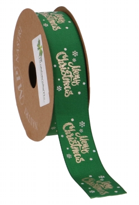 Kadolint Satijn Ribbel Merry Christmas Groen & Goud 25mm x 10 meter