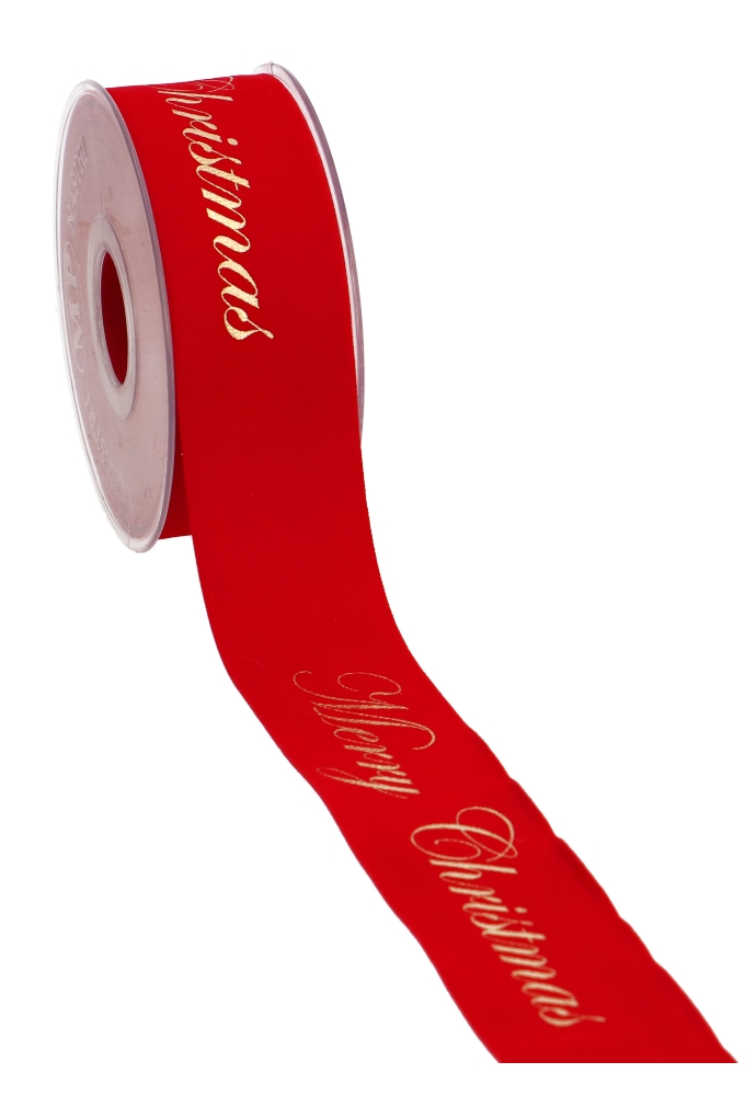 Kerstlint Dubbel Velvet Rood Merry Christmas Goud 40mm x 10 meter