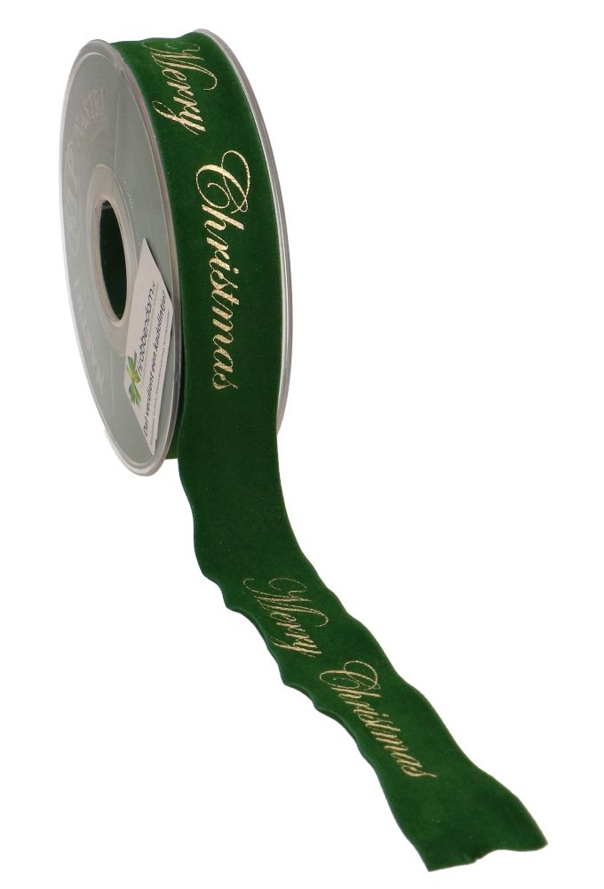 Kerstlint Dubbel Velvet Groen Merry Christmas Goud 25mm x 10 meter