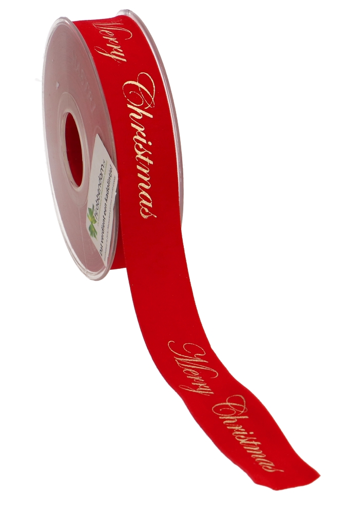 Kerstlint Dubbel Velvet Rood Merry Christmas Goud 25mm x 10 meter