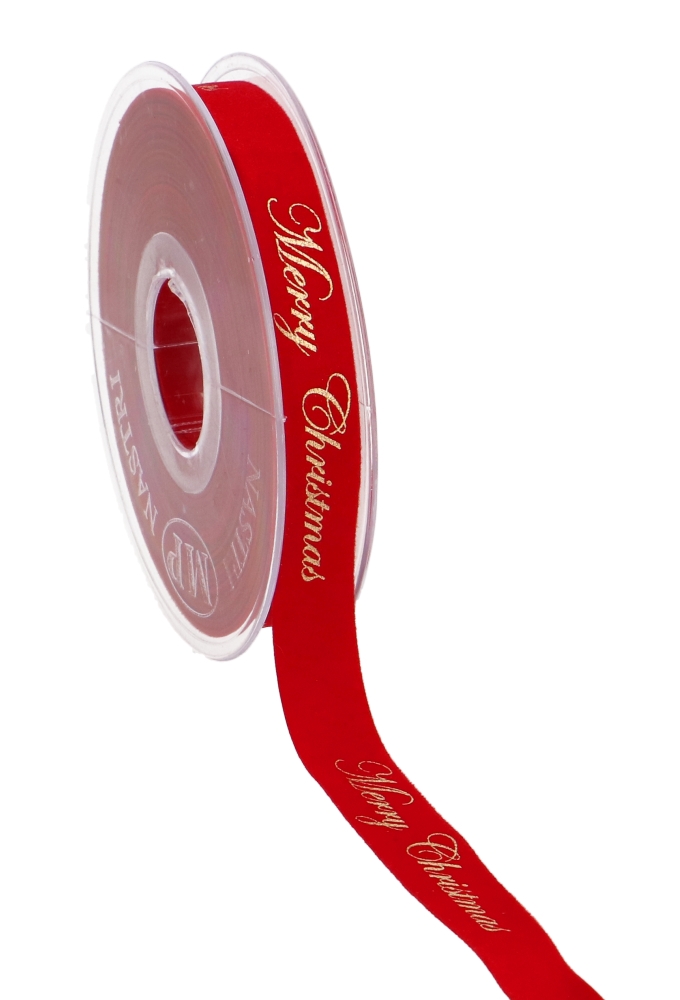 Kerstlint Dubbel Velvet Rood Merry Christmas Goud 15mm x 10 meter