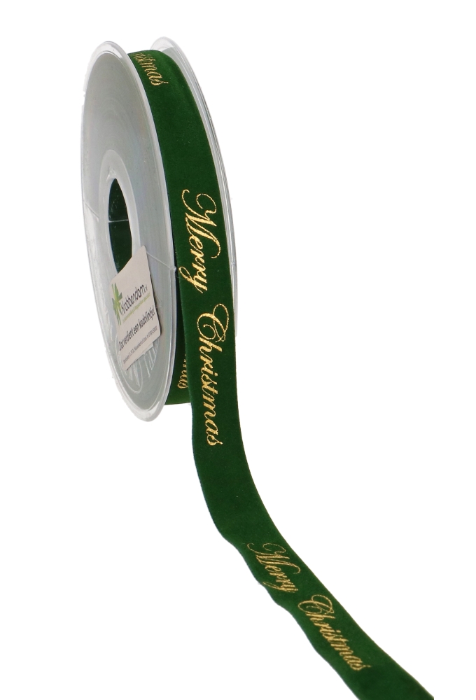 Kerstlint Dubbel Velvet Groen Merry Christmas Goud 15mm x 10 meter