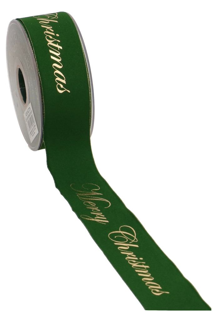 Kerstlint Dubbel Velvet Groen Merry Christmas Goud 40mm x 10 meter