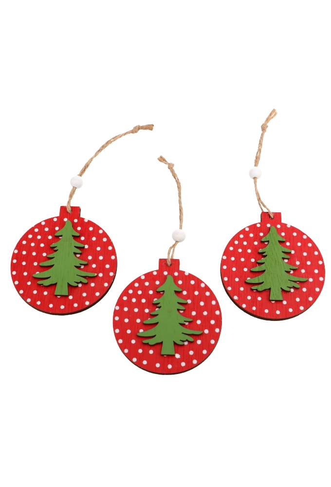 Decoratie Hanger Houten Kerstbal Rood Wit boom & Koord 7.2cm 3stuks