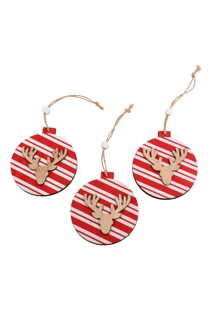 Decoratie Hanger Houten Kerstbal Rood Wit Hert & Koord 7.2cm 3stuks