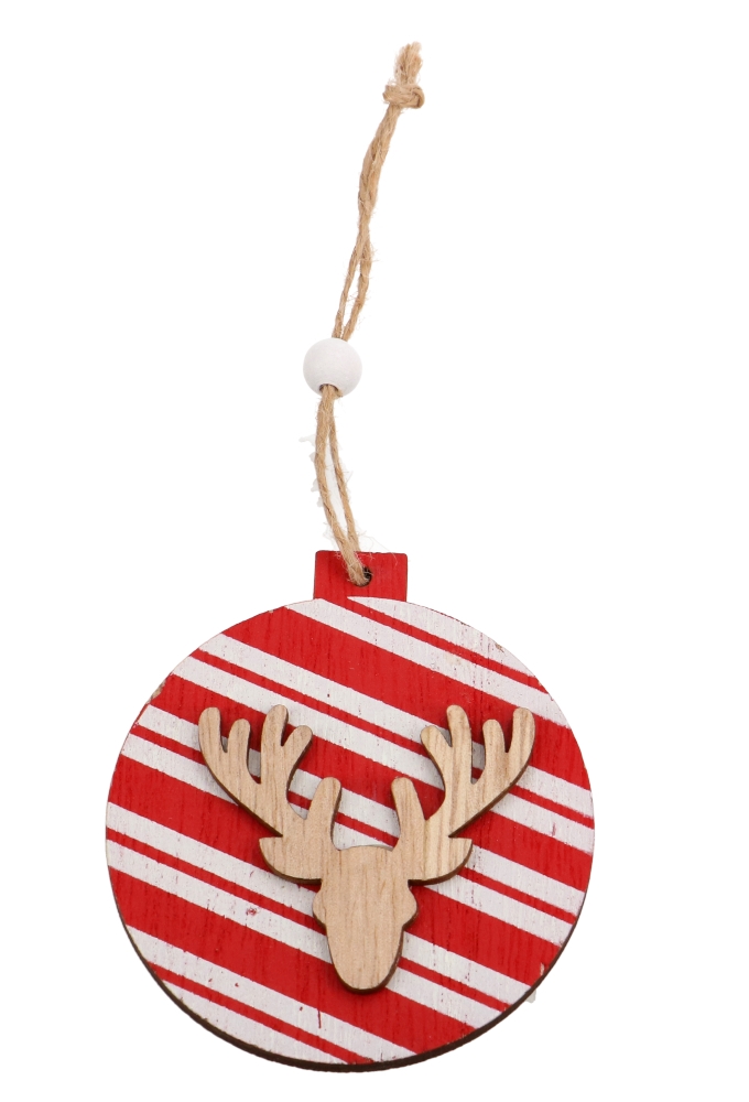 Decoratie Hanger Houten Kerstbal Rood Wit Hert & Koord 7.2cm 3stuks